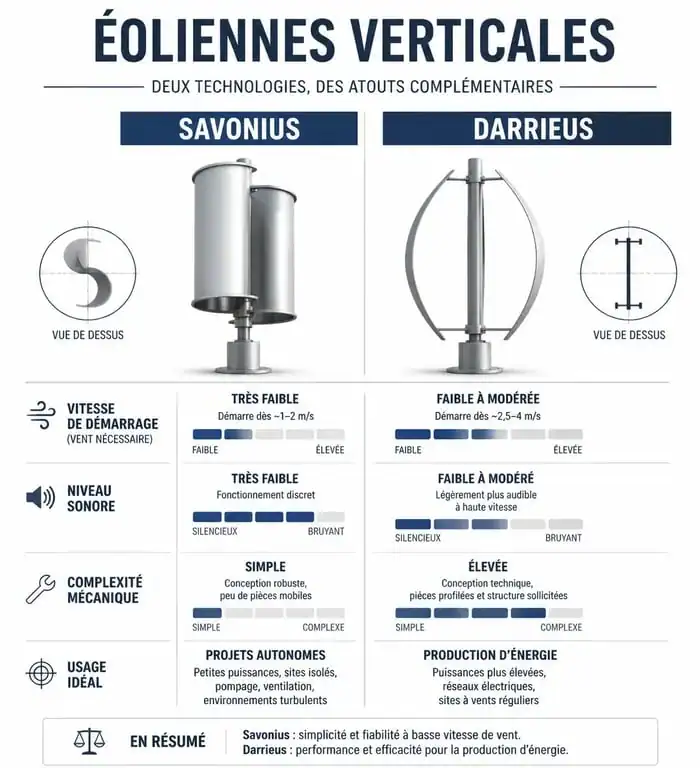 Infographie comparative des éoliennes verticales Savonius et Darrieus pour le choix d'une éolienne verticale domestique