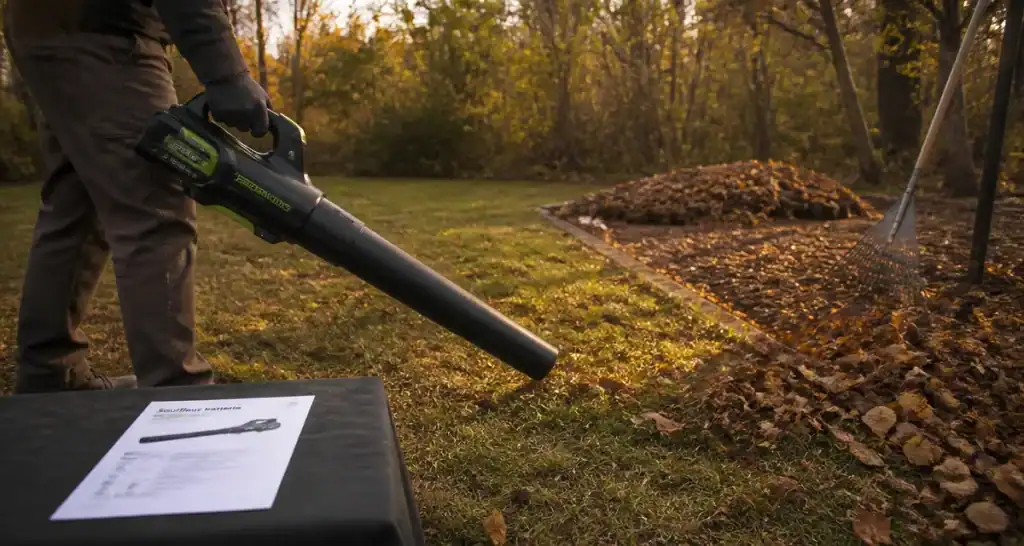 Meilleur souffleur sur batterie en action dans un jardin d’automne