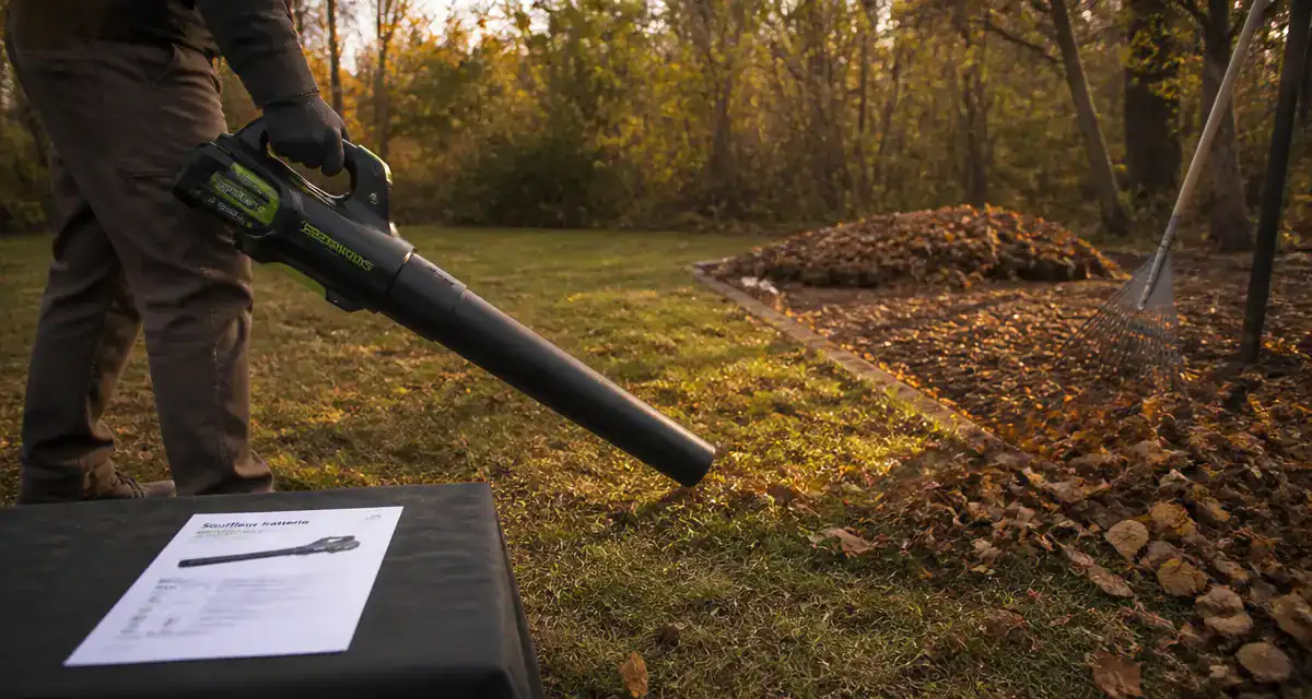 Meilleur souffleur sur batterie en action dans un jardin d’automne