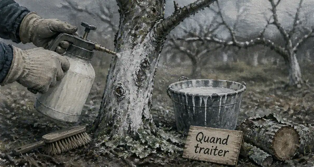 Quand traiter les arbres fruitiers : pulvérisation hiver sur pommier nu