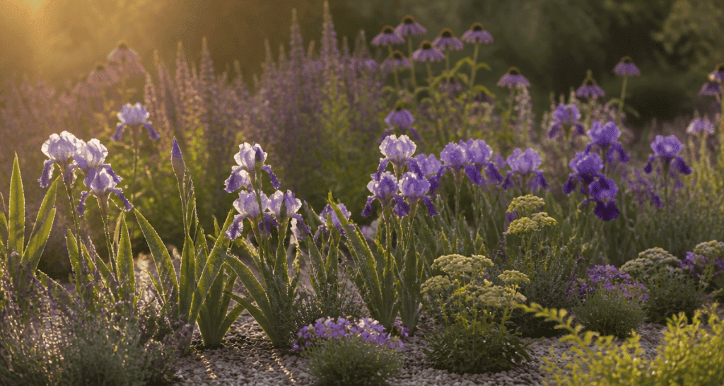 Que mettre au pied des iris, exemples de plantes et paillis minéral