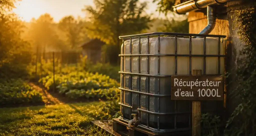 Récupérateur d'eau 1000L connecté à une gouttière