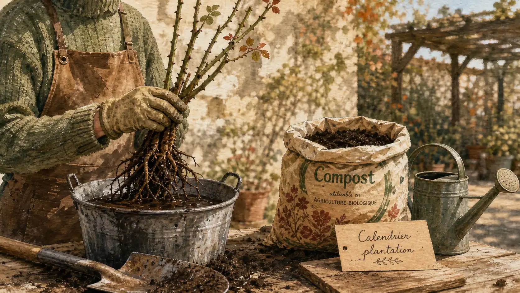 Rosier grimpant quand planter : racines nues trempées avant plantation