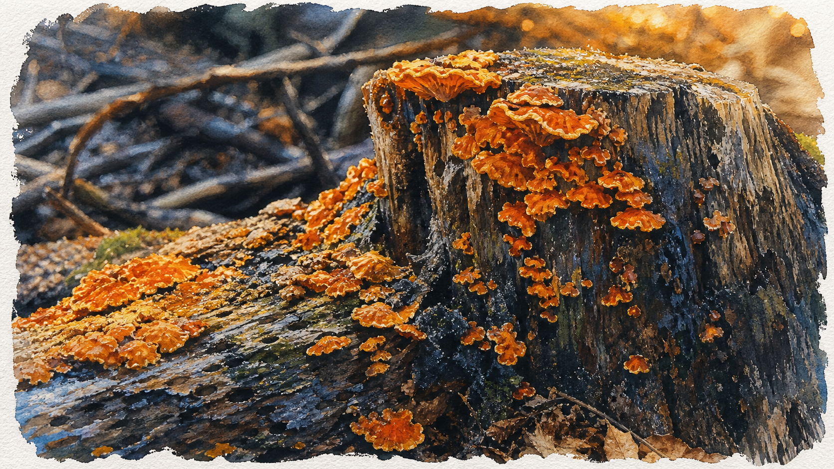 Champignon orange sur bois mort sur souche humide (trémelle, polypore soufré)