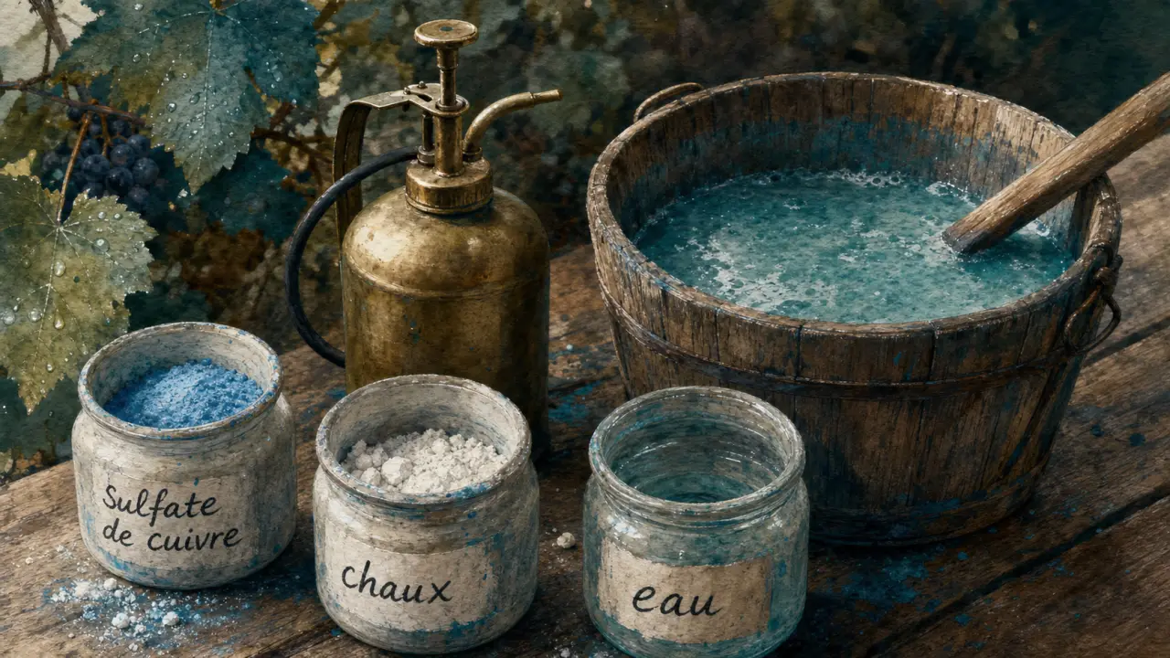 Composition bouillie bordelaise : sulfate de cuivre, chaux et eau