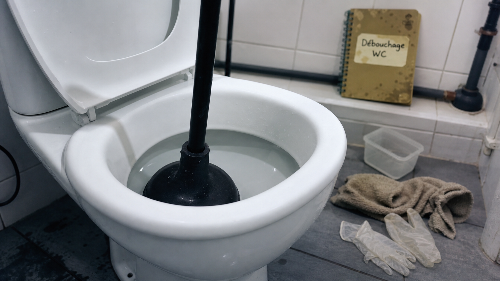 deboucher wc : cuvette bouchée avec ventouse et gants