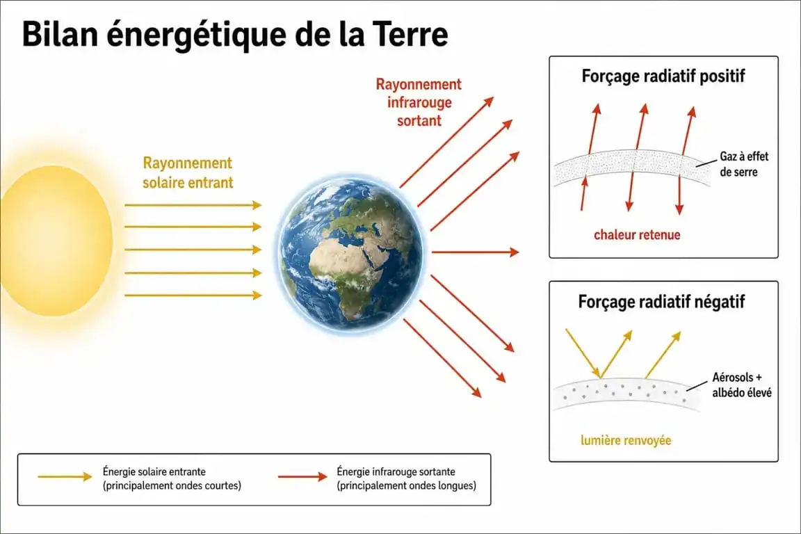 Forçage radiatif def : schéma du bilan énergétique de la Terre, des gaz à effet de serre, des aérosols et de l’albédo