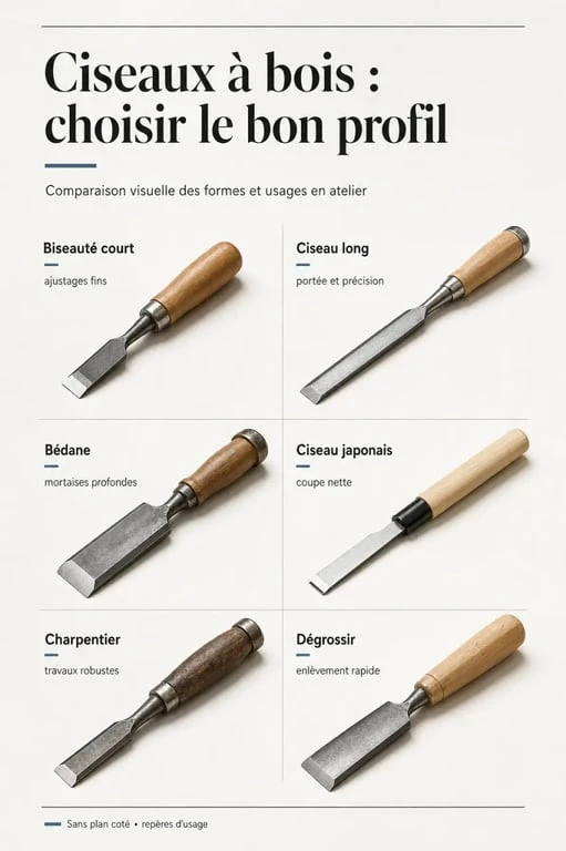 Comparatif des ciseaux à bois : types, formes et usages en atelier