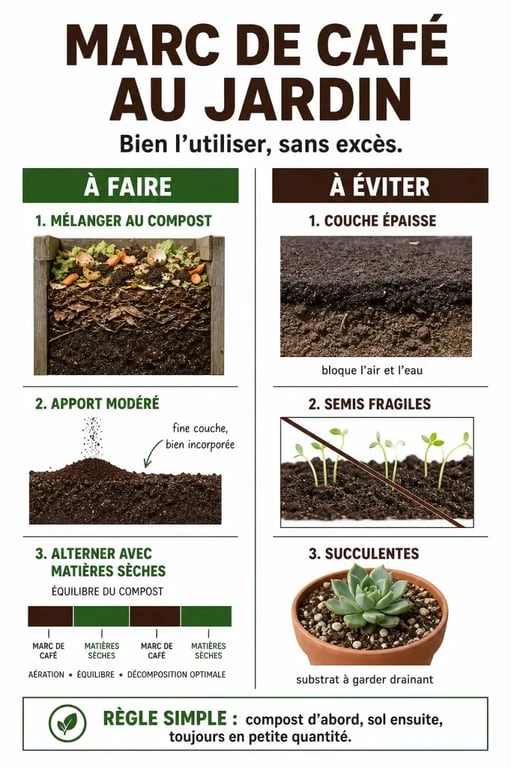 Infographie sur l'utilisation du marc de café pour les plantes : bonnes pratiques et erreurs à éviter au jardin.