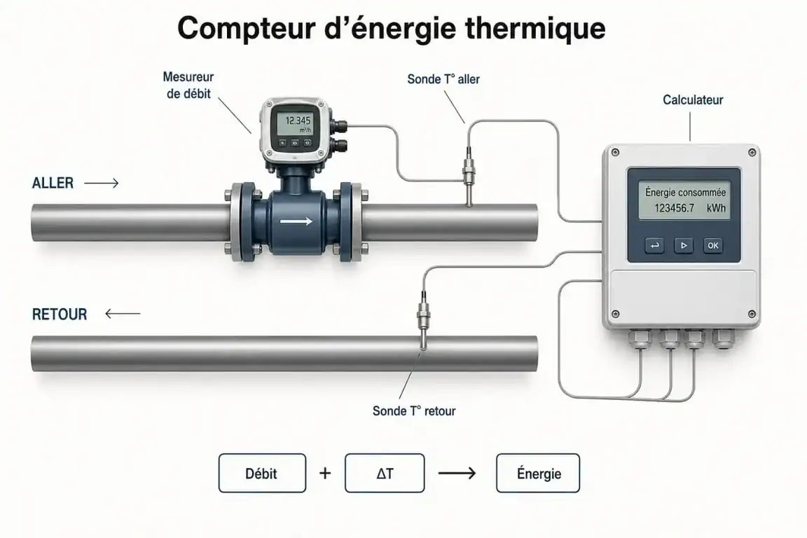 Schéma d’un compteur d energie thermique montrant le débit, les sondes de température et l’intégrateur électronique