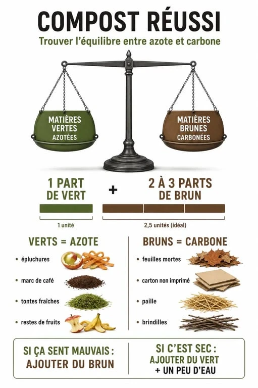 Infographie sur les matières à mettre dans le compost : déchets verts et déchets bruns