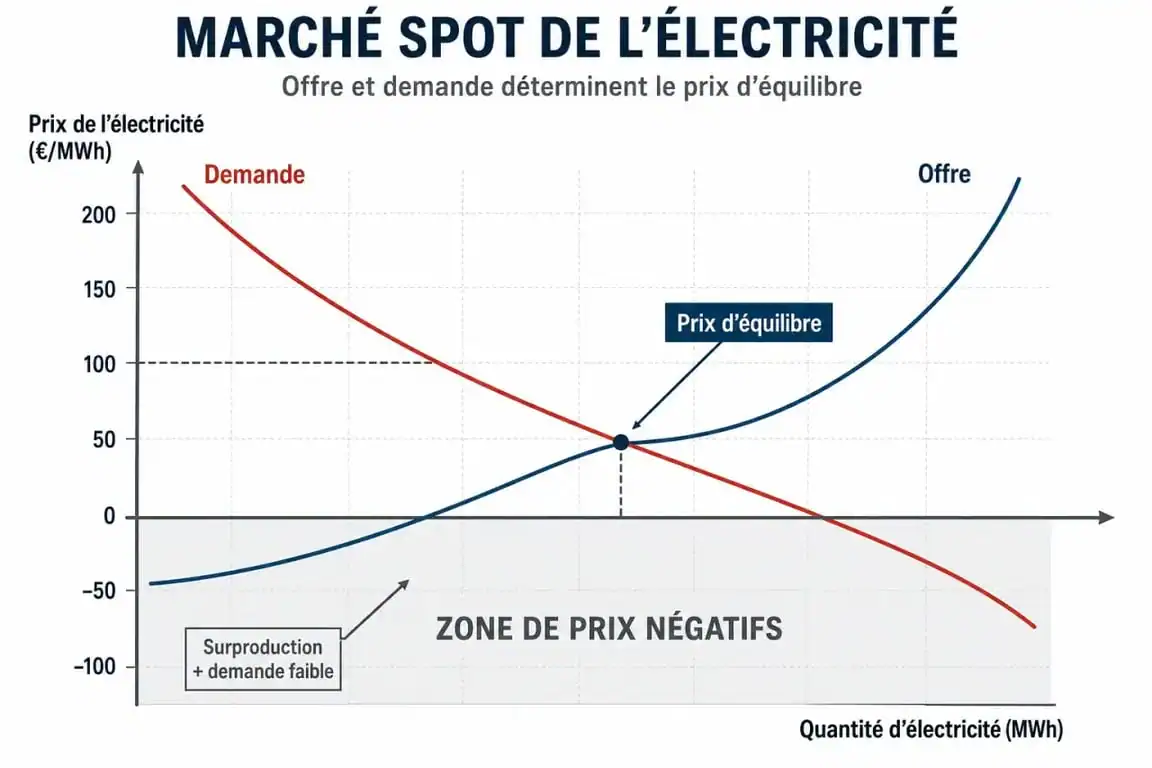 Schéma explicatif du mécanisme des prix négatifs de l'électricité sur le marché de gros
