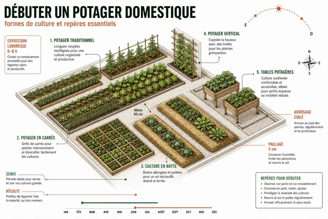 Mon jardin potager : illustration éditoriale d’un potager organisé avec comparaison des principaux aménagements