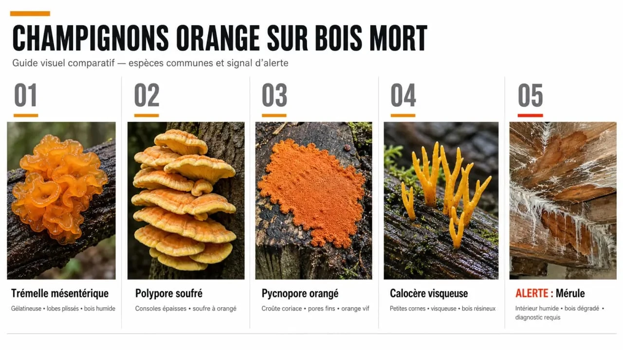 Champignon orange sur bois mort : comparaison visuelle des espèces fréquentes et des signes d’alerte