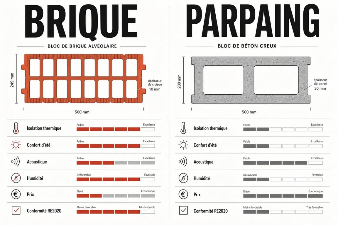 Comparatif brique ou parpaing pour maison neuve : isolation, acoustique, humidité et prix