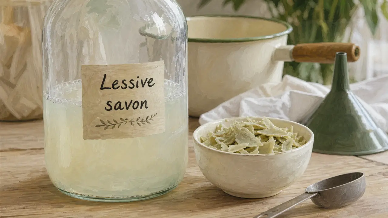 Lessive savon de marseille maison : bidon et copeaux de savon de Marseille
