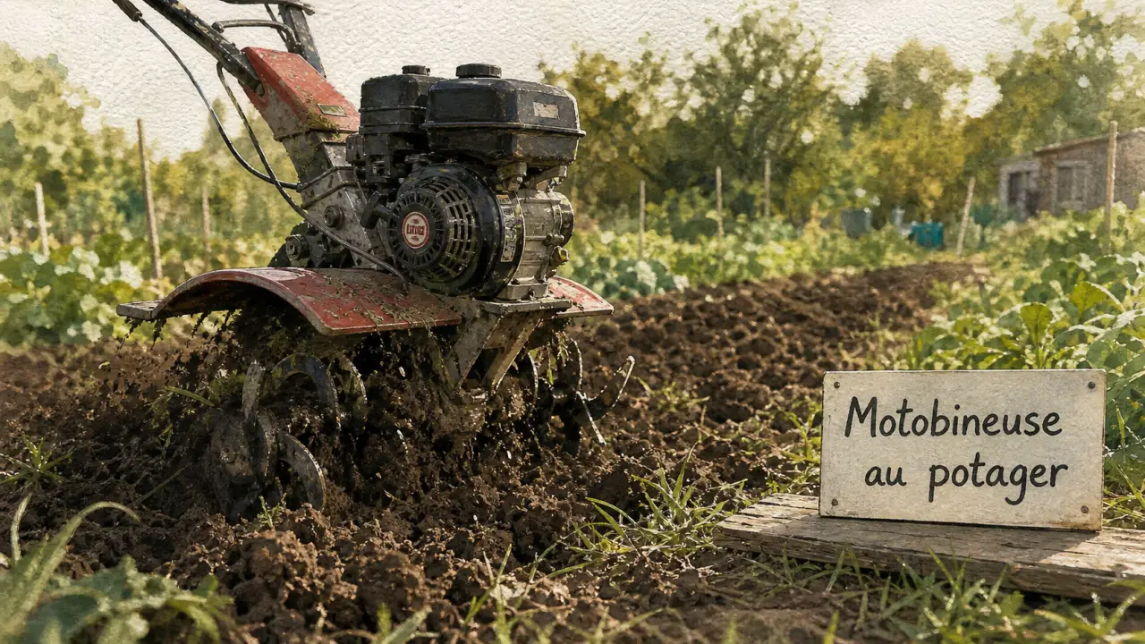 Motobineuse thermique au potager avec fraises dans une terre meuble