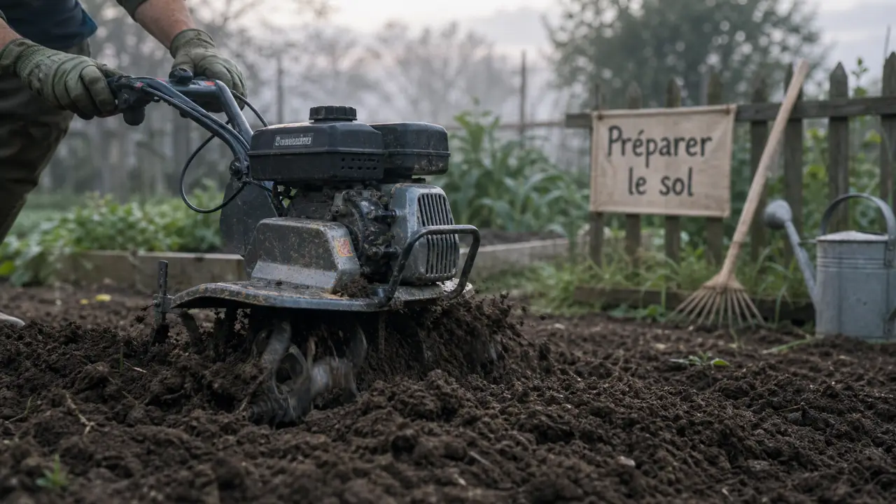 Motobineuse thermique au potager, terre fraîche émiettée