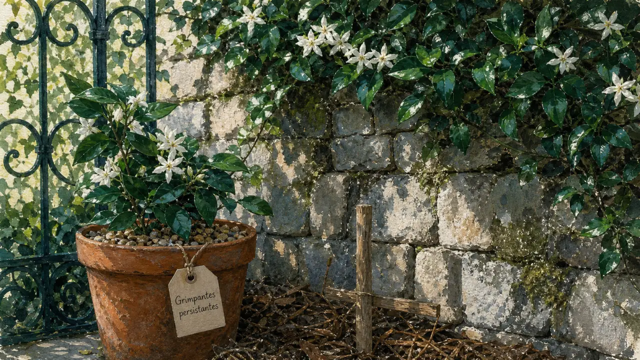 Plante grimpante persistant sur mur : feuilles vertes et fleurs d’hiver blanches, parfum