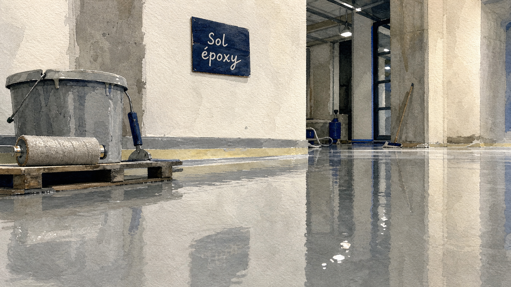 Sol en resine epoxy fraîchement coulé, intérieur rénové 2 à 3 mm