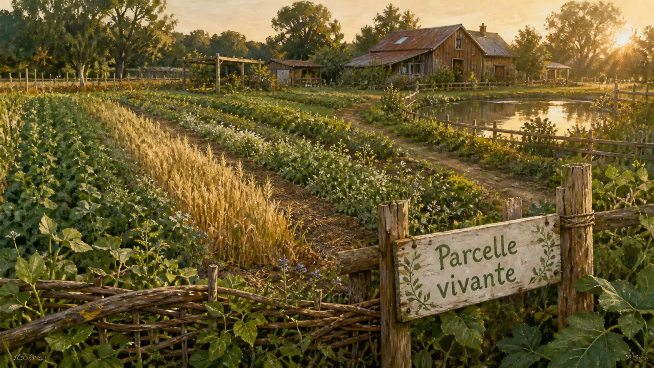 Parcelle vivante en agro ecologie, bandes de cultures et haie tressée