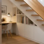 Aménagement sous escalier ouvert : rangement et bureau sous escalier