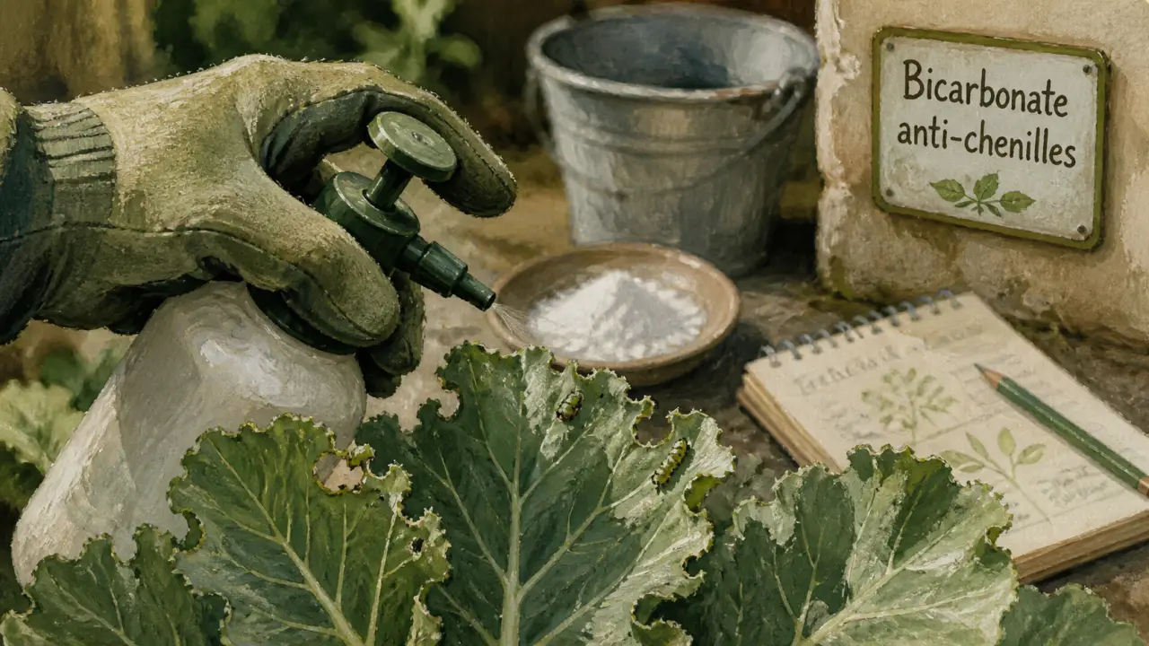 bicarbonate pour tuer chenilles : pulvérisation sur feuilles avec chenilles