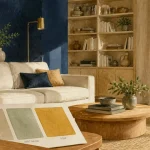 Couleur salon tendance : mur bleu profond, vert sauge, salon lumineux