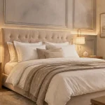 Déco chambre adulte chic : chambre hôtel beige, tête de lit capitonnée et laiton