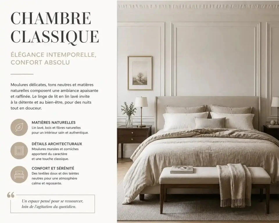 Chambre adulte chic style classique avec moulures et tons neutres