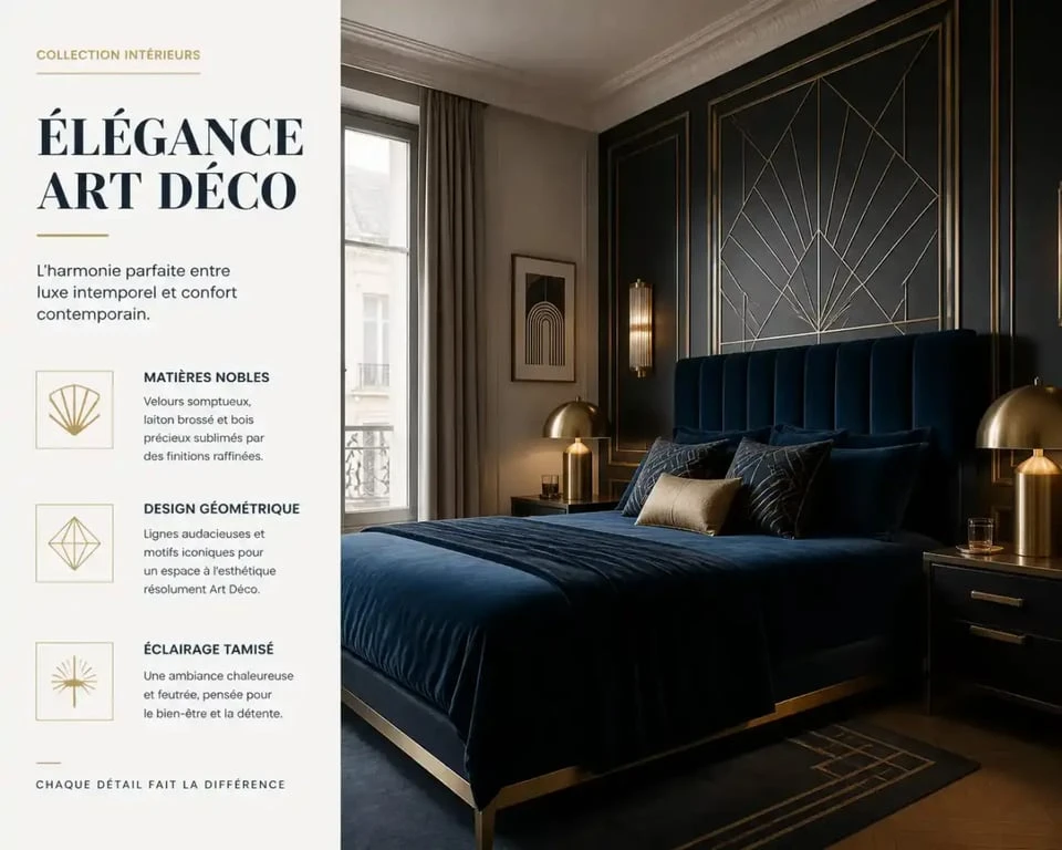 Chambre adulte chic style Art Déco avec décoration élégante et sophistiquée