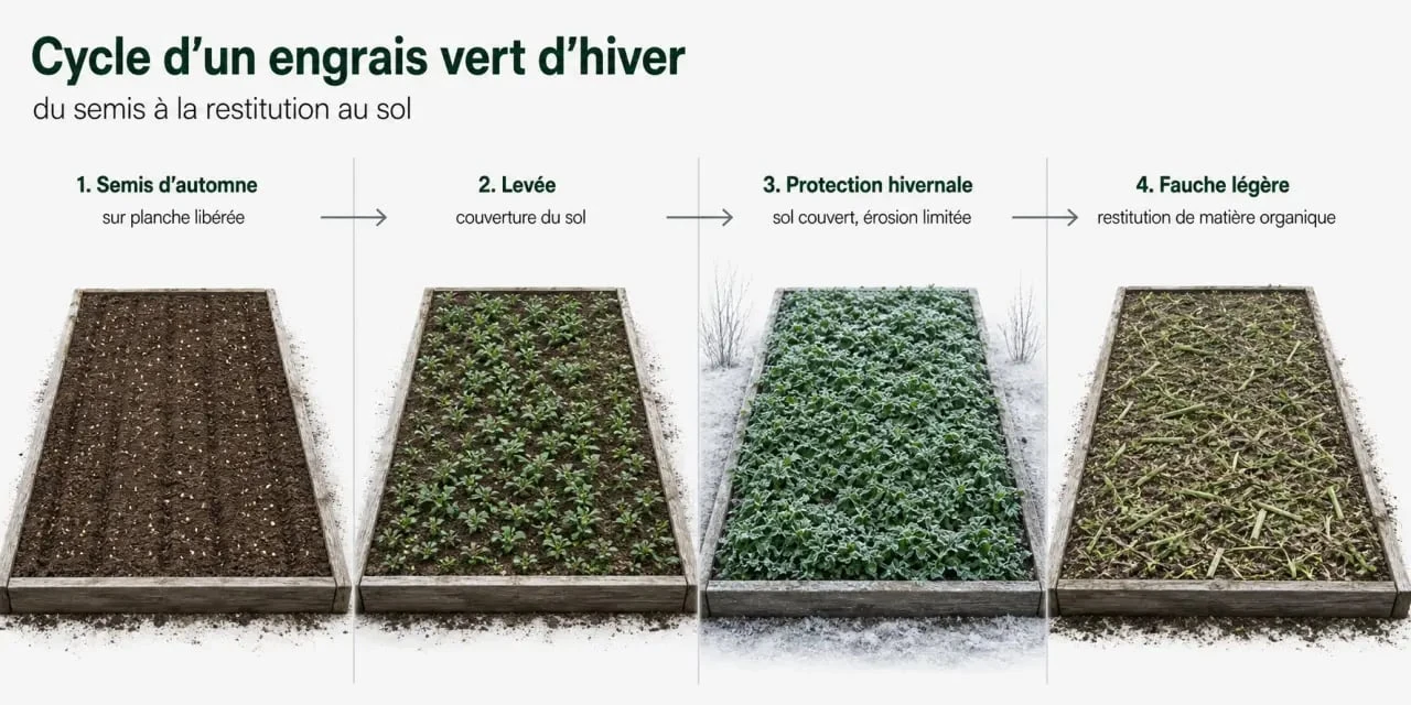 Cycle de l’engrais vert hiver au potager : semis, couverture du sol, protection hivernale et fauche au printemps