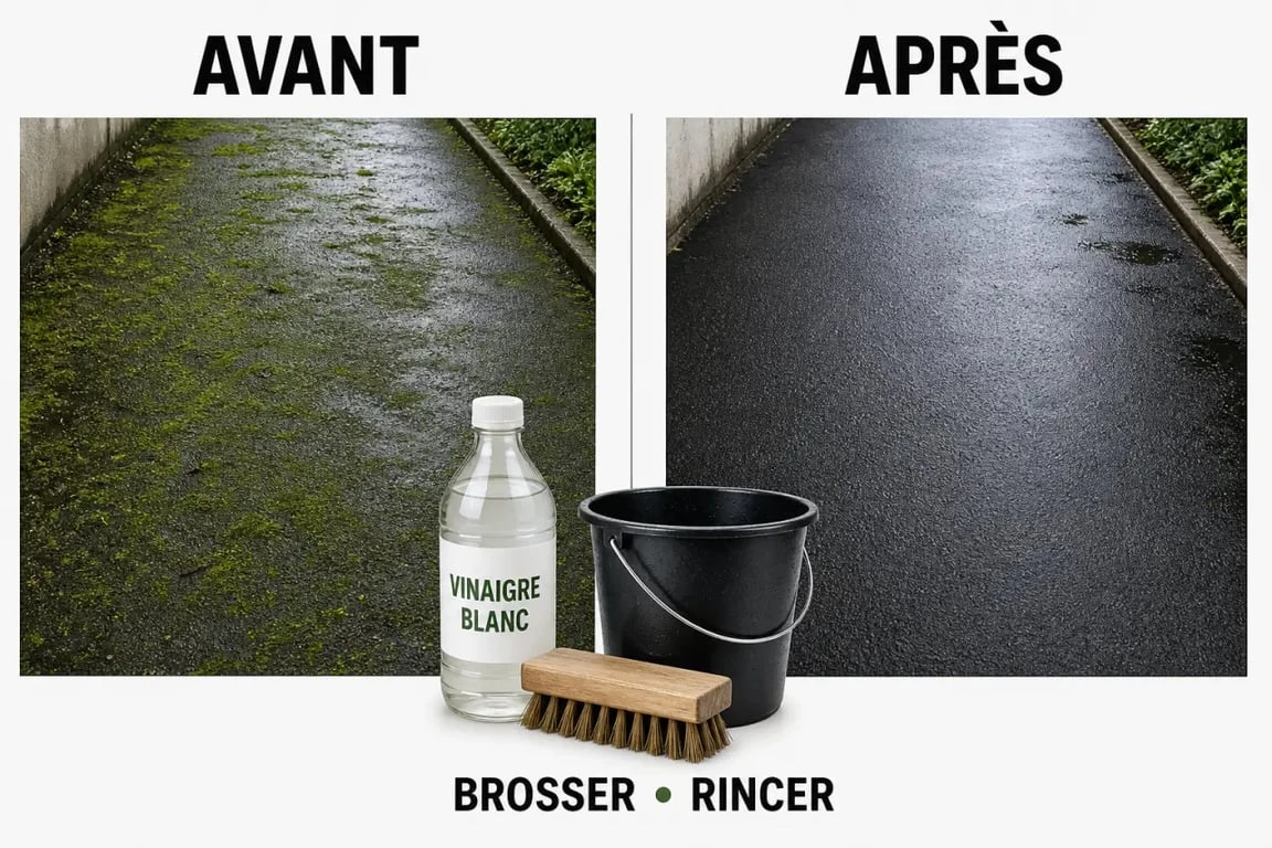 Enlever mousse sur goudron vinaigre blanc : avant et après sur une allée nettoyée