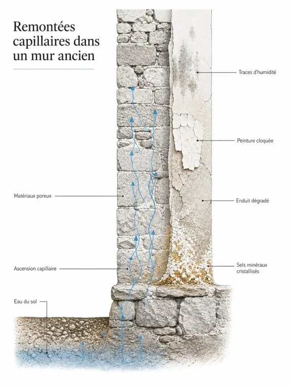 Assèchement des murs : schéma des remontées capillaires et des signes d’humidité dans un mur ancien