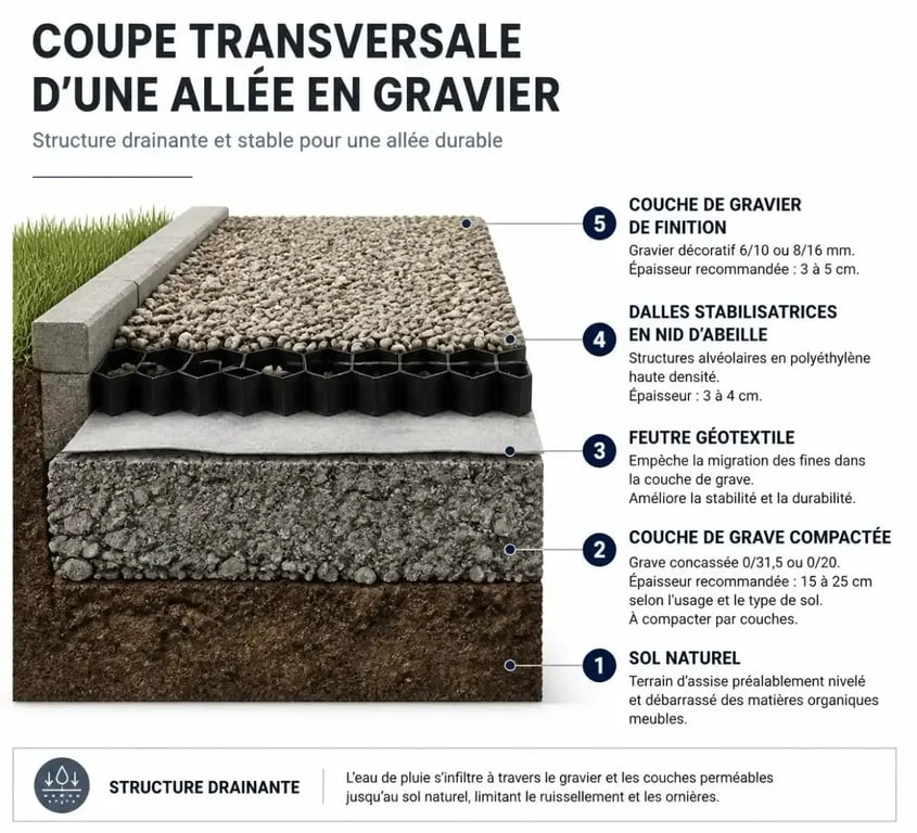 Schéma de coupe technique d'une allée en gravier avec dalles stabilisatrices