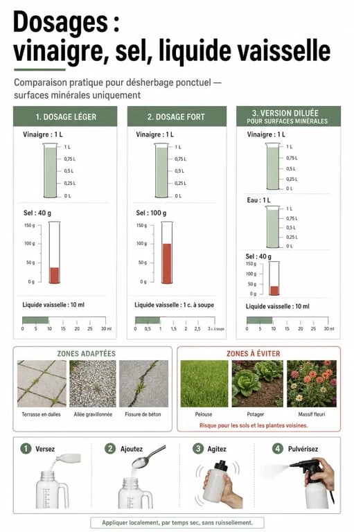 Dosage désherbant vinaigre sel liquide vaisselle avec tableau comparatif des quantités, zones d’usage et précautions