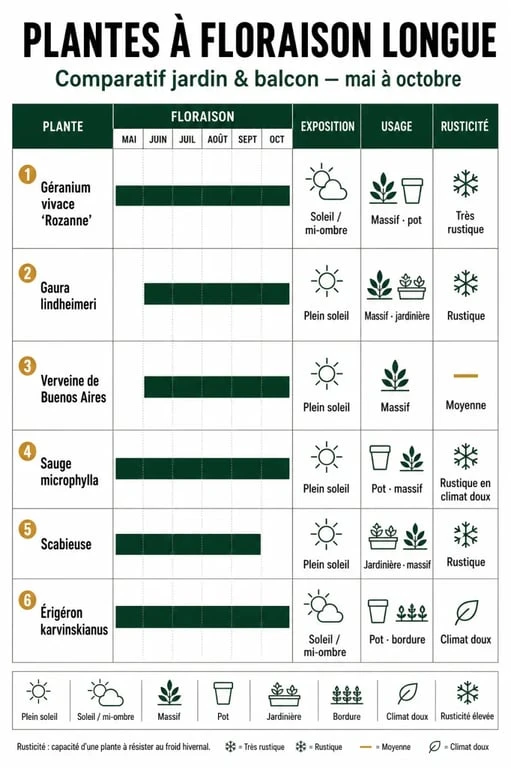 Infographie plante qui fleurit toute l'année avec comparaison des floraisons, expositions et usages au jardin et en pot
