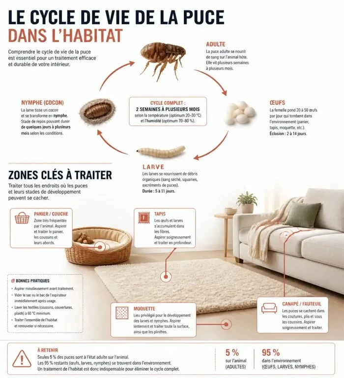 Zones de la maison à traiter contre les puces pour briser le cycle de vie des parasites