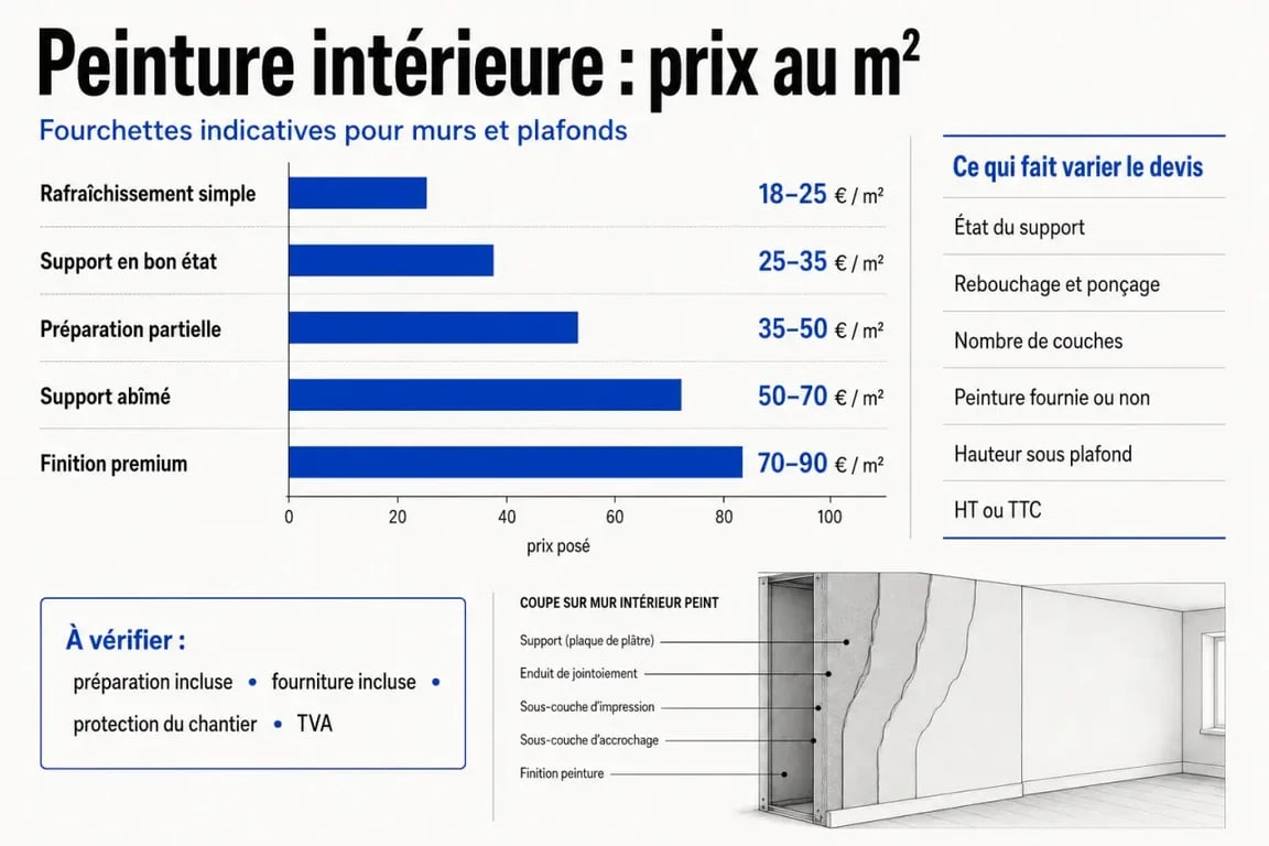 Infographie sur peinture prix metre carre : fourchettes selon l’état du support, HT/TTC et fourniture incluse