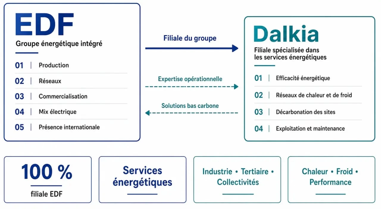 Infographie Dalkia et EDF : relation entre le groupe EDF, sa filiale Dalkia et leurs chiffres clés