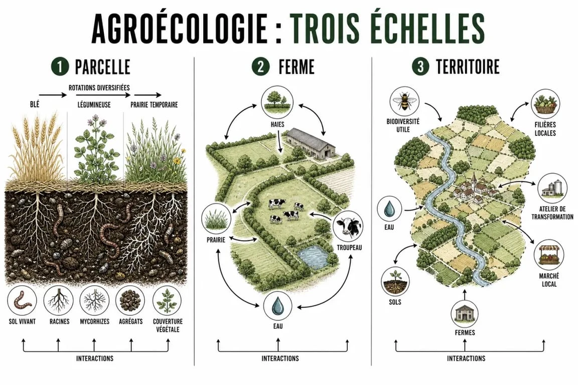 Agro ecologie : schéma des échelles d’action de la parcelle au territoire