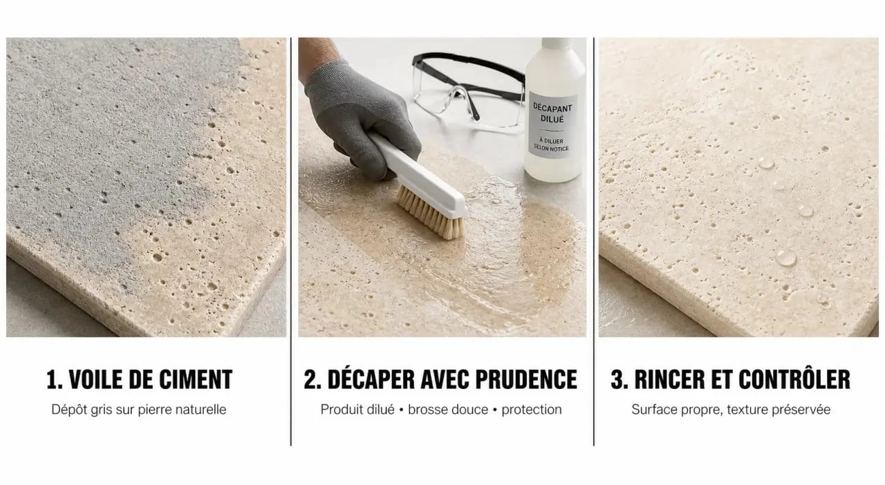 Comment enlever du ciment sec sur de la pierre : avant/après d’un nettoyage délicat sur travertin avec voile de ciment, brosse douce et résultat final propre
