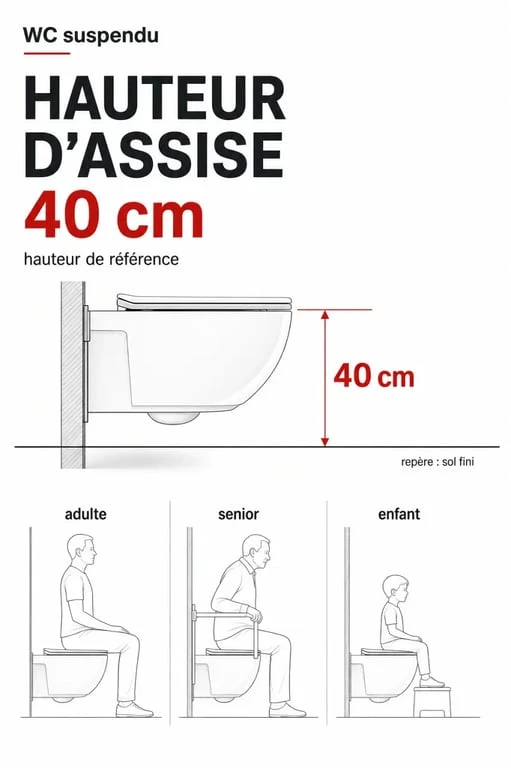Hauteur toilette suspendu : schéma comparatif des repères d’assise et du sol fini
