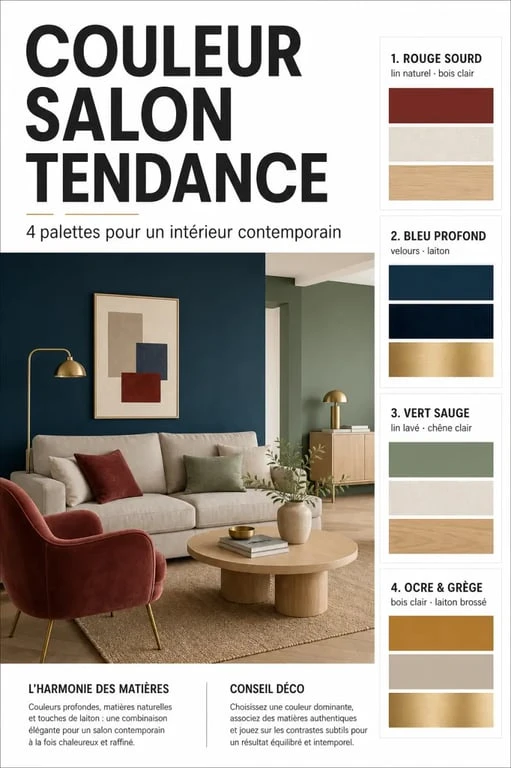Couleur salon tendance : palettes éditoriales de rouge sourd, bleu profond, vert sauge et ocre pour un salon moderne