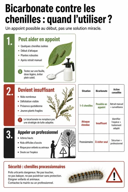 Bicarbonate pour tuer chenilles : infographie sur l’efficacité, les limites et quand appeler un professionnel