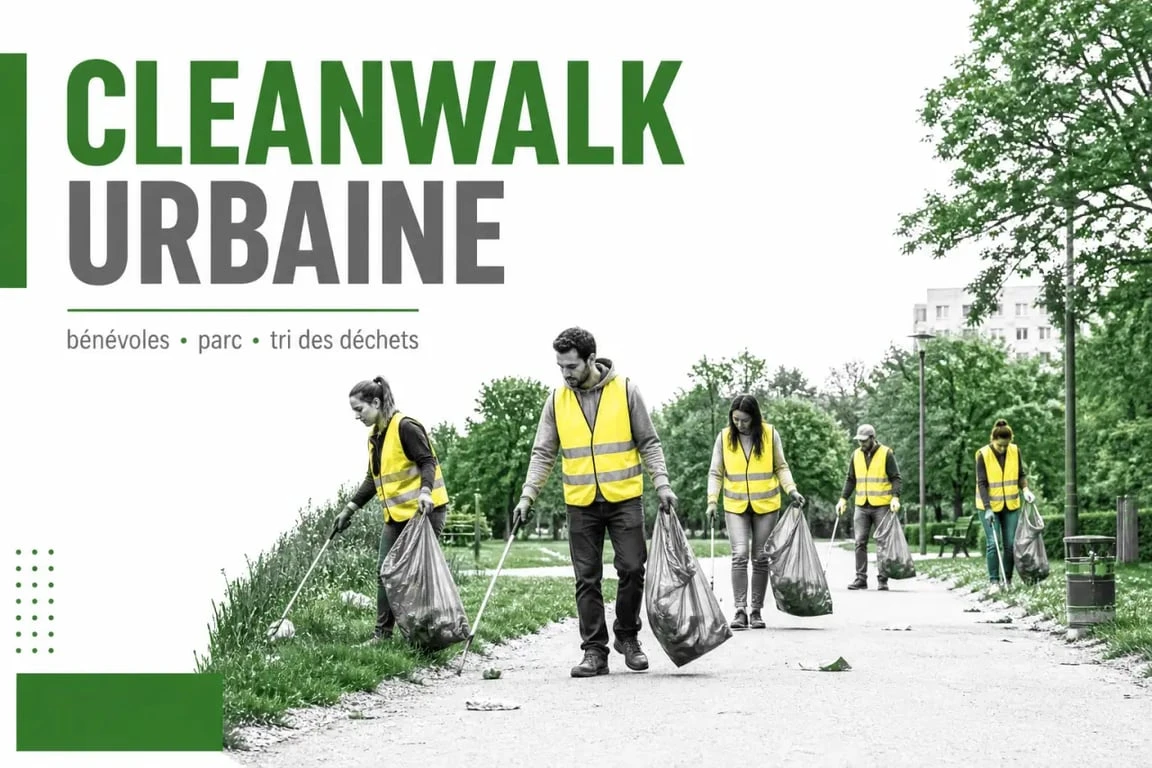 Ramasser des déchets en cleanwalk avec gants, pince de ramassage et sacs résistants dans un parc urbain