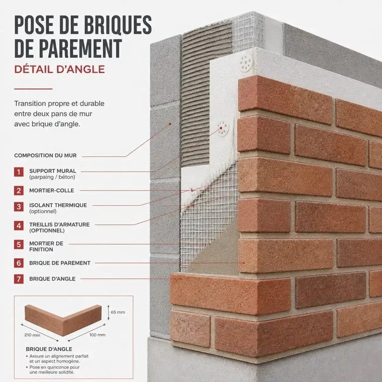 Détail de pose de brique pour mur intérieur avec brique d'angle