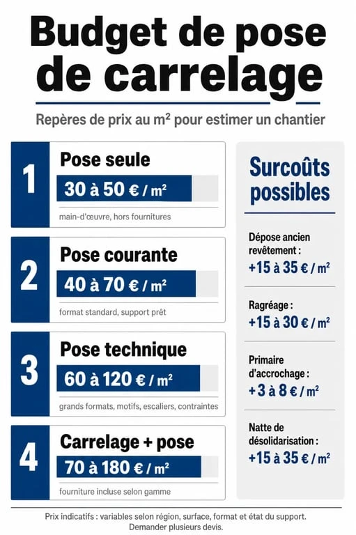 Pose carrelage prix : infographie des fourchettes de budget au m² et des principaux surcoûts