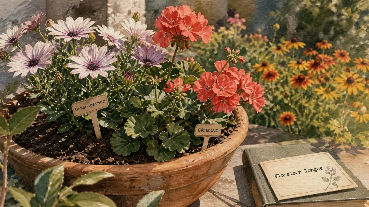 Plante qui fleurit toute l’année : ostéospermum et géranium, terrasse ensoleillée