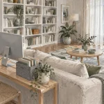 Coin bureau salon discret, bureau fin en bois clair dans un salon lumineux
